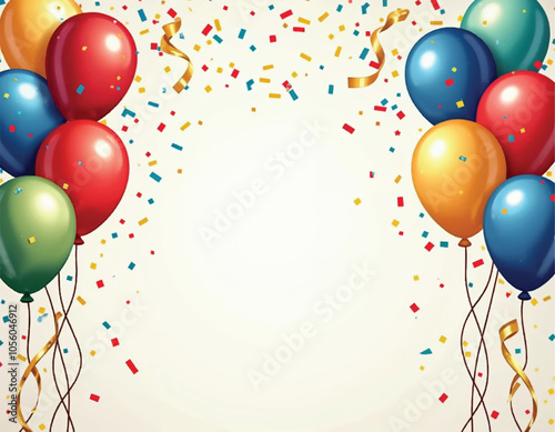 a vector poster with colorful balloons and confetti with streamers on white background