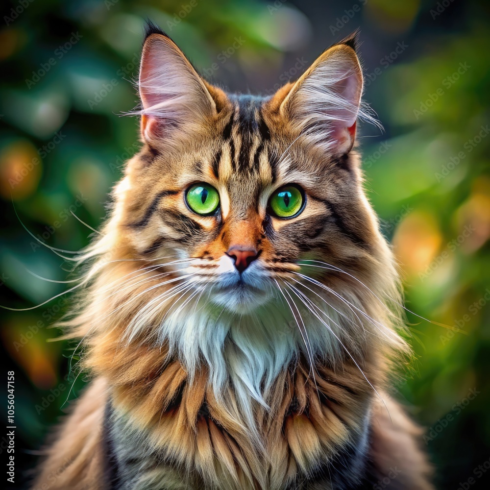 A striking domestic cat with green eyes sitting outdoors in natural light. Generative AI A striking domestic cat with green eyes sitting outdoors in natural light. Generative AI