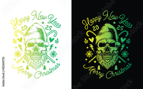 Skull with beard and mustache in Santa Claus hat. Christmas and New Year poster. Original vector illustration in vintage style. T-shirt design.