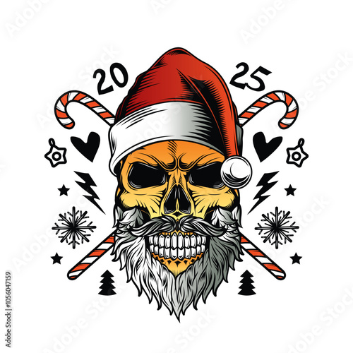 Skull with beard and mustache in Santa Claus hat. Christmas and New Year poster. Original vector illustration in vintage style. T-shirt design.