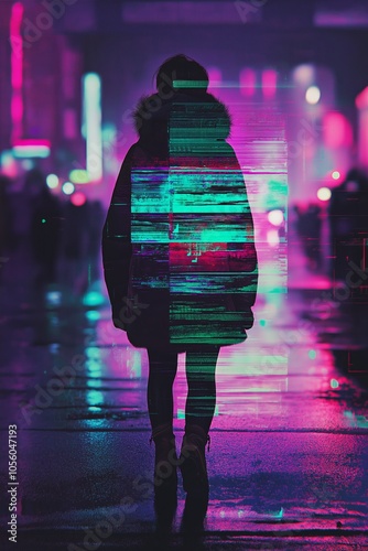 Person Walking in a Futuristic Urban Landscape Filled With Neon Lights at Night, Reflecting Vibrant Colors on Wet Pavement photo