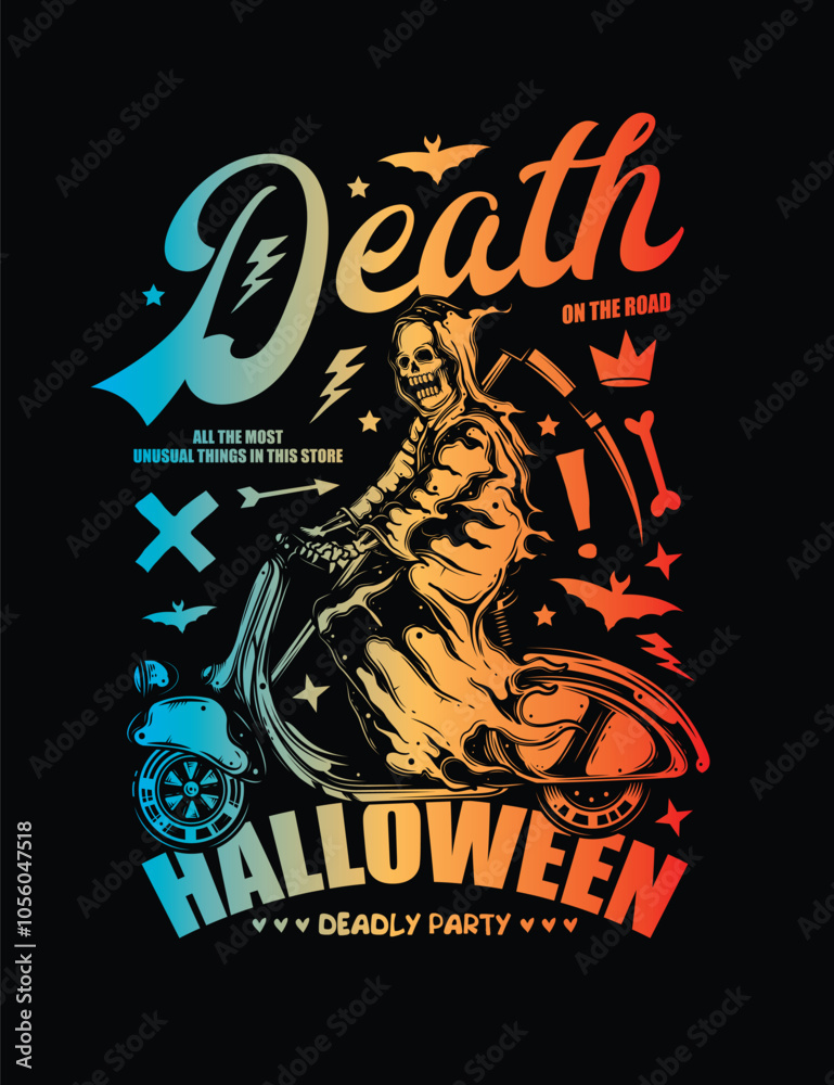 Death on a Scooter. Halloween Poster. Original vector illustration in vintage style. T-shirt design.