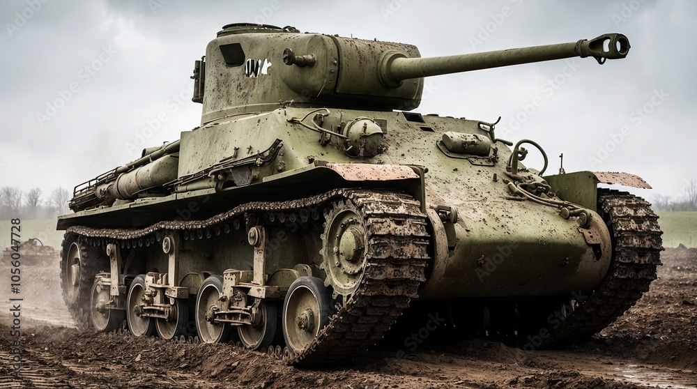 Battered World War II Army Tank on Muddy Terrain Battered World War II Army Tank on Muddy Terrain