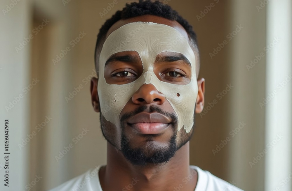 Portrait of a young African man with a cosmetic mask on his face at home. Facial skin care Portrait of a young African man with a cosmetic mask on his face at home. Facial skin care