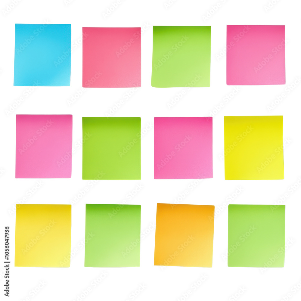 A vibrant collection of 12 blank sticky notes in assorted bright colors, twelve blank notes isolated on transparent background, cut out, png, for adding to your project A vibrant collection of 12 blank sticky notes in assorted bright colors, twelve blank notes isolated on transparent background, cut out, png, for adding to your project