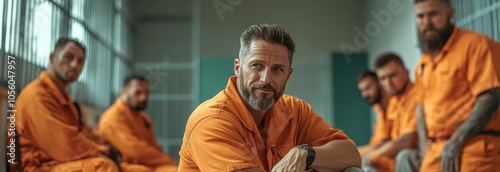 A group of inmates in orange jumpsuits sit in a prison common area.