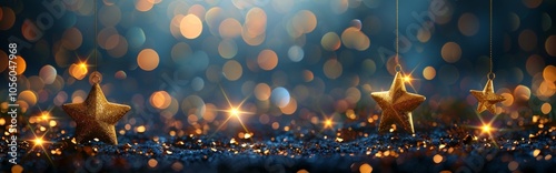 Golden Star Ornaments Hanging From Christmas Tree Branch With Lights