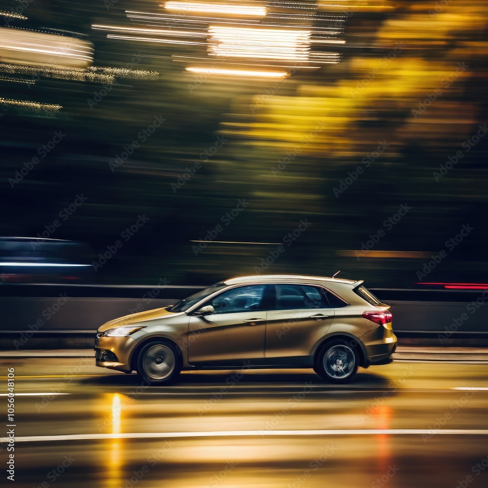 Golden car in motion along urban road during an evening drive. Generative AI Golden car in motion along urban road during an evening drive. Generative AI