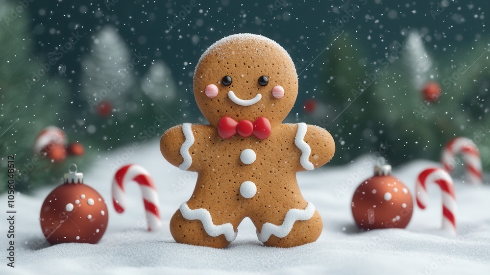 A cheerful gingerbread man stands in snow, surrounded by festive ornaments and candy canes, capturing the spirit of Christmas. A cheerful gingerbread man stands in snow, surrounded by festive ornaments and candy canes, capturing the spirit of Christmas.
