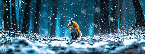 A red fox stands in a snowy forest, the trees creating a magical blue glow. photo