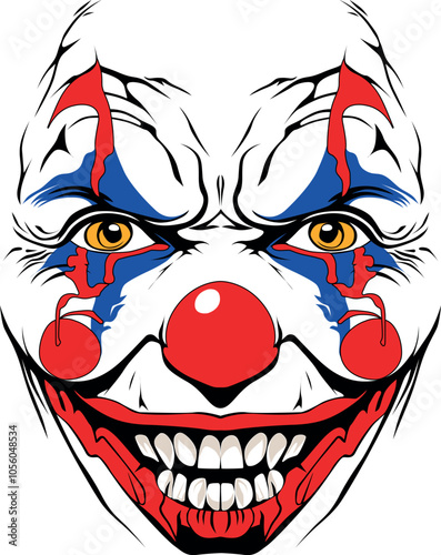 Psycho killer clown mask evil clown face with red nose and lips portrait from the front. Creepy horror clown smiley face, Joker Smile for Halloween realistic illustration graphic	