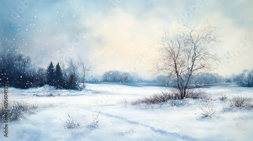 Visualize a serene winter landscape with gentle snowfall, capturing the peaceful essence of nature