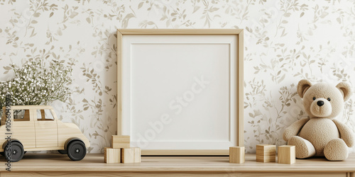 Minimalist nursery decor with wooden frame, toy car, and teddy bear