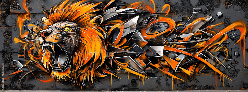 Fototapeta premium A vibrant and abstract graffiti art piece featuring a roaring lion with orange and black paint on a gray wall.