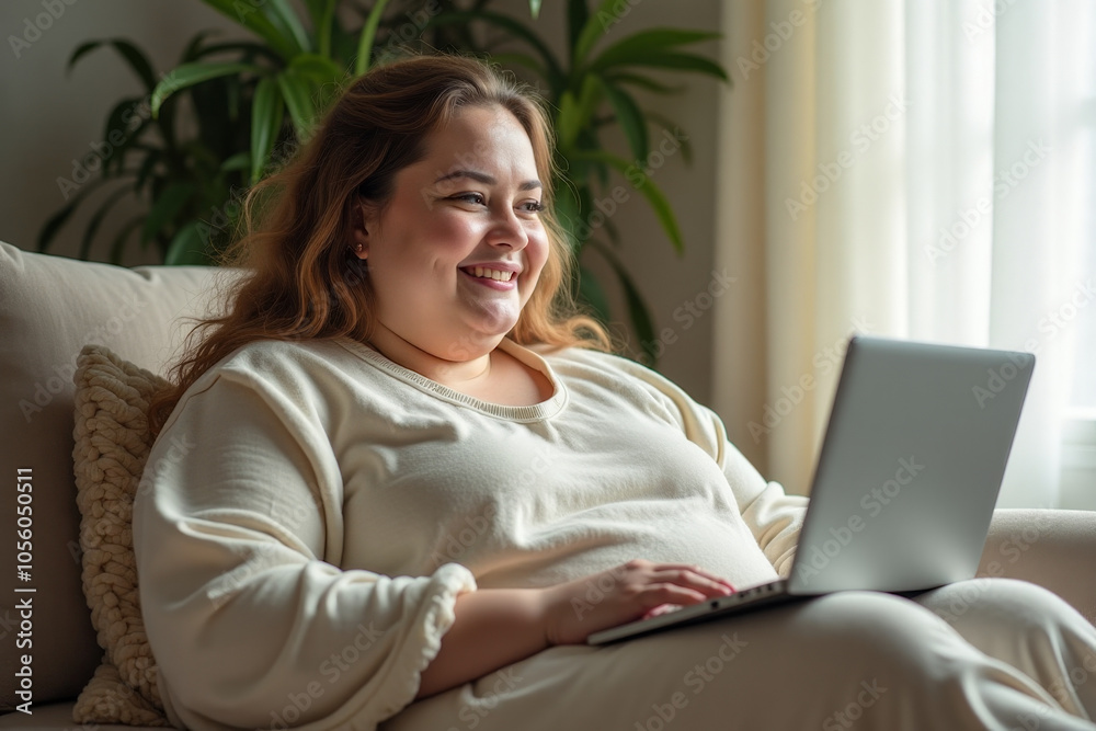 overweight woman in a light tunic with light brown wavy hair loose to her shoulders working at home on a laptop overweight woman in a light tunic with light brown wavy hair loose to her shoulders working at home on a laptop