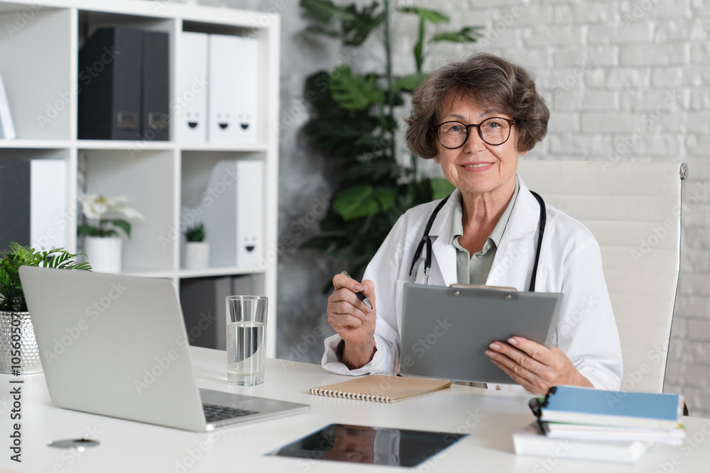 Confident smiling doctor therapist gynecologist taking notes on clipboard about diagnosis, medical treatment, prescribing pills and drugs, looking at medical history Confident smiling doctor therapist gynecologist taking notes on clipboard about diagnosis, medical treatment, prescribing pills and drugs, looking at medical history