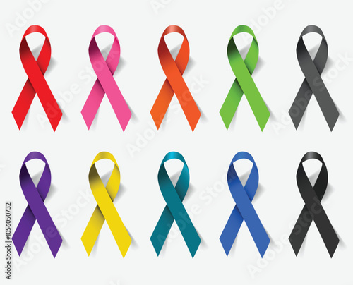 HIV Aids, mental health, breast cancer, heart attack, diabetes colorful medial awareness bows realistic vector collection. Sign, symbol, emblem, banner, poster illustration, awareness ribbons.