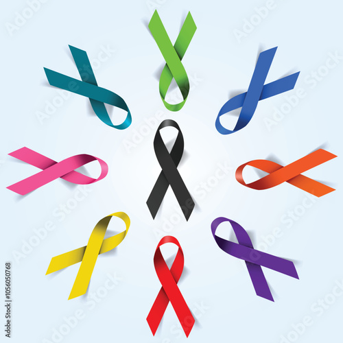 HIV Aids, mental health, breast cancer, heart attack, diabetes, RIP sad colorful medial awareness bows mandala circle abstract realistic vector background. Sign, symbol, emblem, awareness ribbons. 