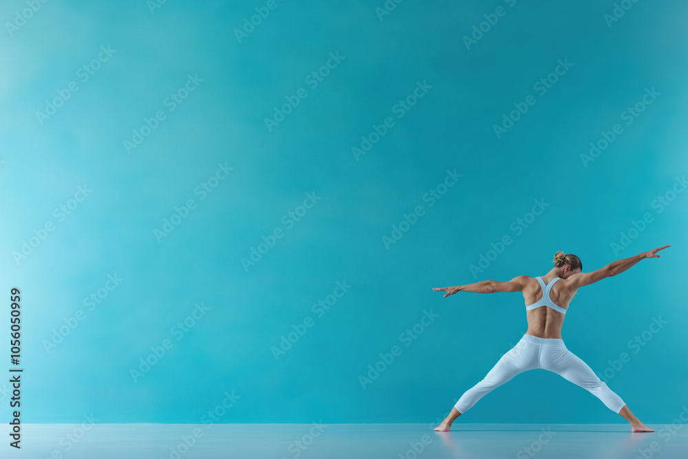 A person practicing yoga in a bright studio with a blue background A person practicing yoga in a bright studio with a blue background