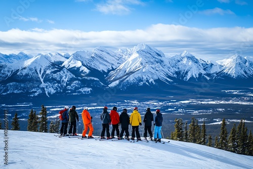 Skieurs alignés observant un panorama de montagnes enneigées 