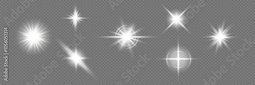 Sunlight effect, glow, flash lenses, explosion, sparkle, solar flares, stars, spotlights. On a transparent background. photo