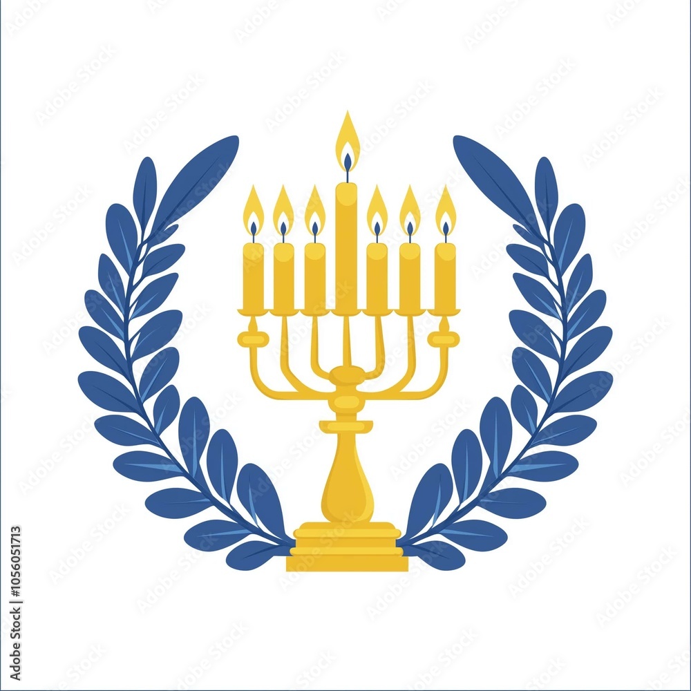Flat illustration of a golden menorah surrounded by laurel and olive branches. Religious temple seven-branched candlestick. Golden menorah with blue branches and leaves isolated on white background Flat illustration of a golden menorah surrounded by laurel and olive branches. Religious temple seven-branched candlestick. Golden menorah with blue branches and leaves isolated on white background