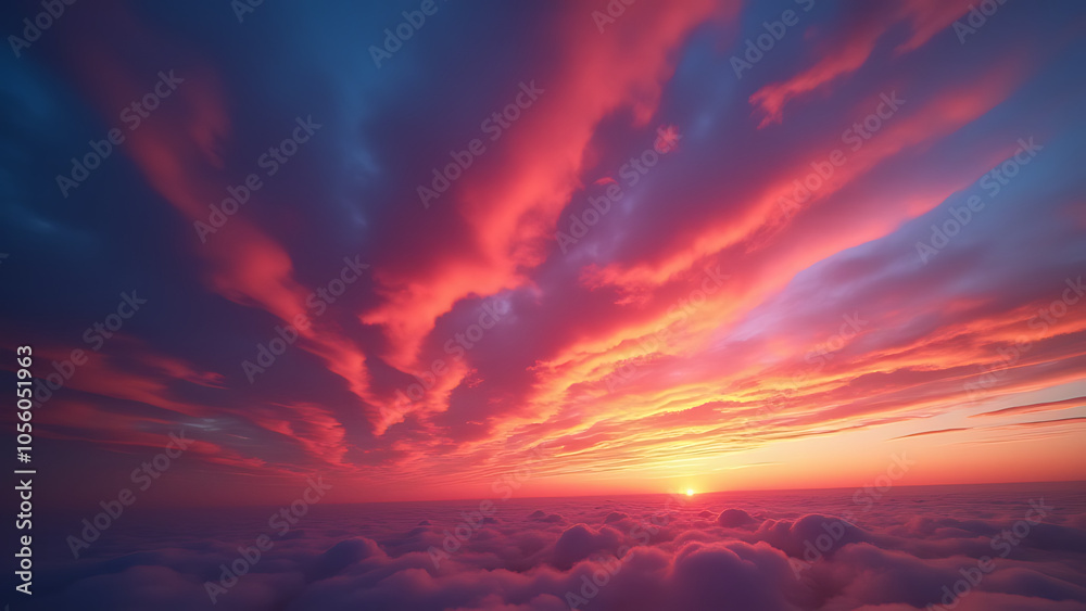 Vivid colors paint the cloudscape at sunset with a breathtaking display across the entire sky. Vivid colors paint the cloudscape at sunset with a breathtaking display across the entire sky.