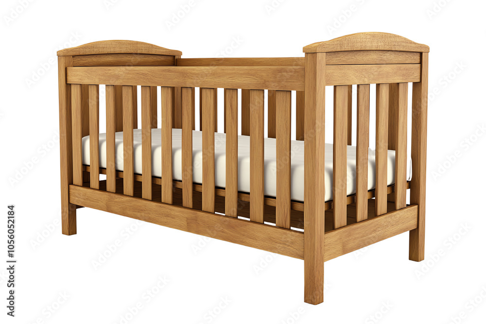 Wooden crib with a mattress, perfect for a baby nursery, offers comfort and safety for your little one.