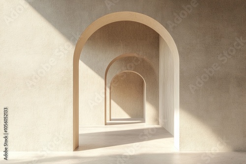 Fototapeta Naklejka Na Ścianę i Meble -  minimal beige concrete arch 3d rendering minimalist architecture background, corridor tunnel perspective podium