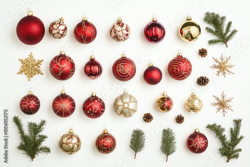 Collection variée de boules de Noël rouges et dorées avec ornements naturels
 photo