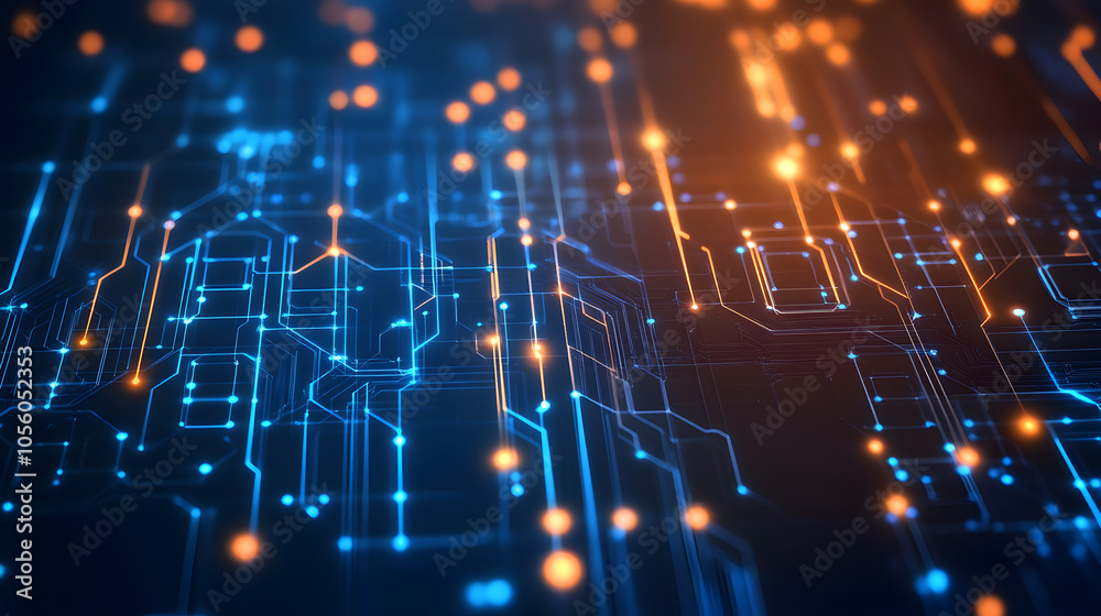 Abstract digital circuit board with glowing blue and orange lines, representing data flow and connectivity. Abstract digital circuit board with glowing blue and orange lines, representing data flow and connectivity.