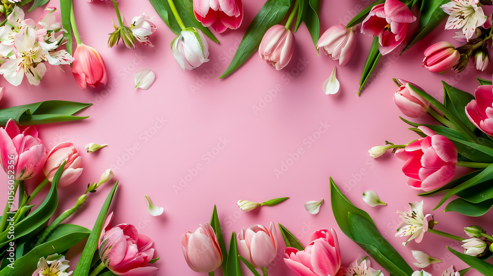 Background of spring flowers for a holiday card, Women's Day. Selective focus, horizontal view, top view with copy space. Background of spring flowers for a holiday card, Women's Day. Selective focus, horizontal view, top view with copy space.