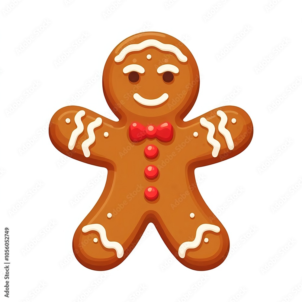 Obraz premium Flat, isolated illustration of a gingerbread man cookie decorated with white icing details on white background. Simple, cheerful design capturing the festive holiday spirit.