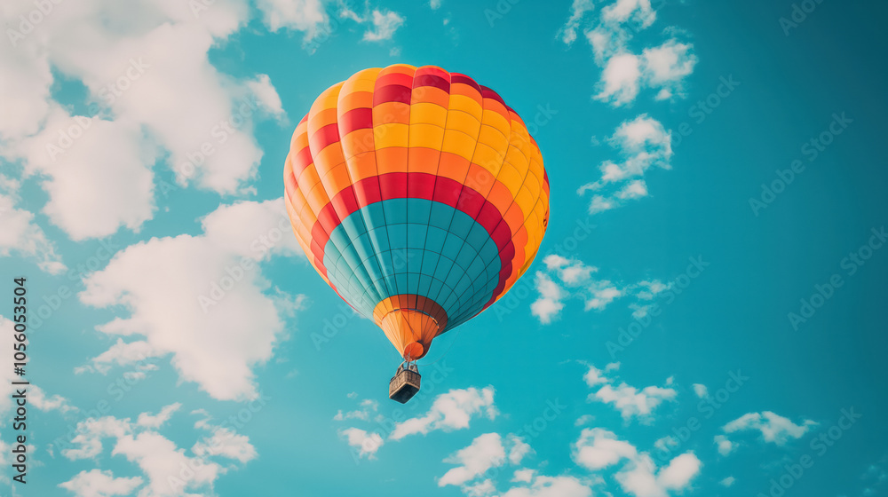 Obraz premium Brightly colored hot air balloon soaring against a clear blue sky with fluffy clouds