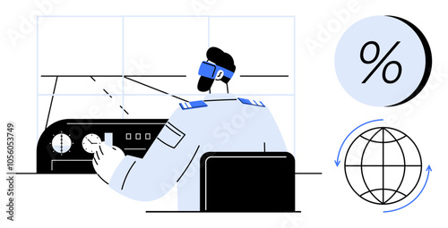 Pilot at control panel navigating aircraft. Blue and white color scheme. Symbols for percentage and global rotation. Ideal for aviation, technology, navigation, finance, global business, pilot