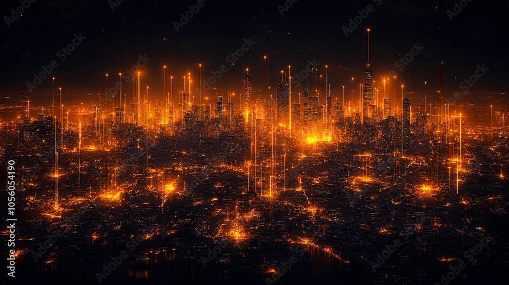 Obraz premium Cityscape with glowing digital data points and network overlay
