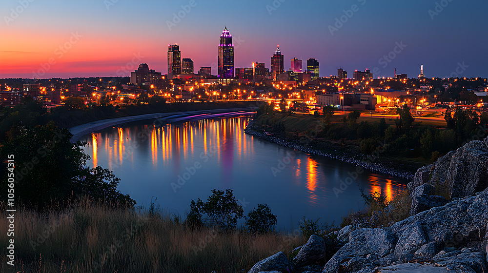 Fototapeta premium City skyline reflected in river at sunset.