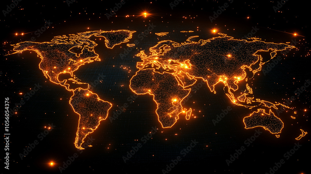 World map with illuminated digital pathways on dark background World map with illuminated digital pathways on dark background