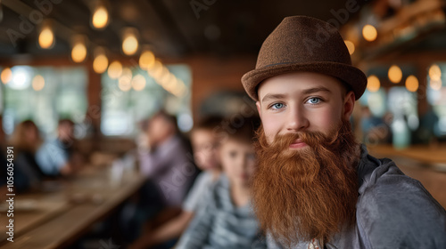 Young man with beard and hat in cozy restaurant setting