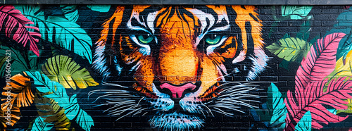 Close-up of a colorful tiger mural painted on a brick wall with tropical leaves. photo