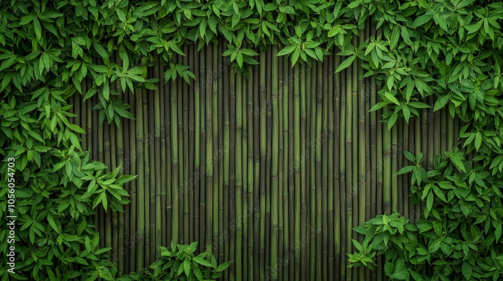 Lush green foliage surrounds bamboo wall design in tranquil garden setting Lush green foliage surrounds bamboo wall design in tranquil garden setting