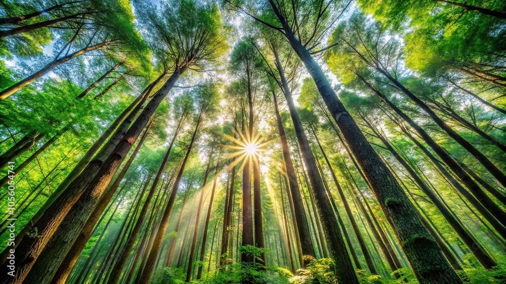 Tall trees stand in a dense forest with sunlight filtering through the canopy above, forest floor, leaves, forest life, forest Tall trees stand in a dense forest with sunlight filtering through the canopy above, forest floor, leaves, forest life, forest
