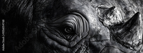 Close-up of a rhinoceros's eye and horn. photo