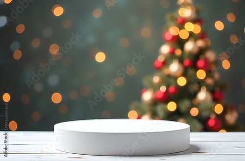 Empty christmas background. Christmas tree backdrop. Xmas, Christmas holiday celebration blank pedestal. White table top in front, winter celebration bokeh effect. Happy New Year banner