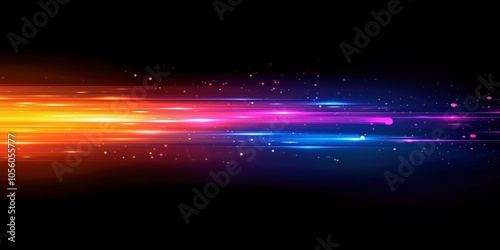 Abstract motion blur of orange, pink, and blue light trails, creating a vibrant and energetic flow in a black space