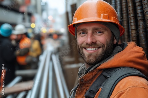 Bearded construction worker in orange safety gear smiles confidently against a busy city backdrop