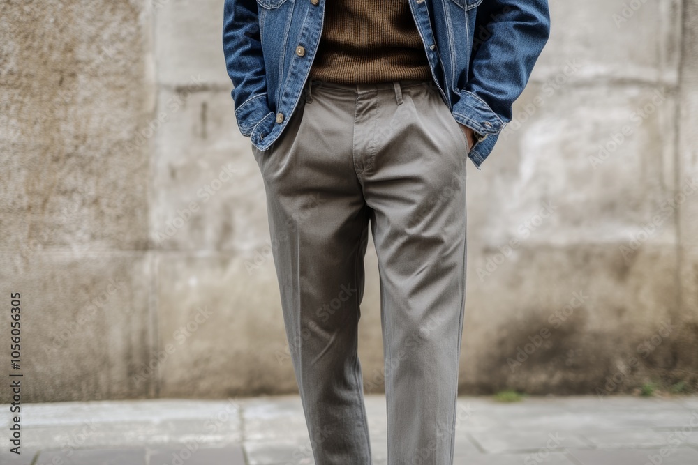 fashionable man in a denim jacket layered over a turtleneck, with straight-leg trousers and loafers, minimal background with copy space fashionable man in a denim jacket layered over a turtleneck, with straight-leg trousers and loafers, minimal background with copy space