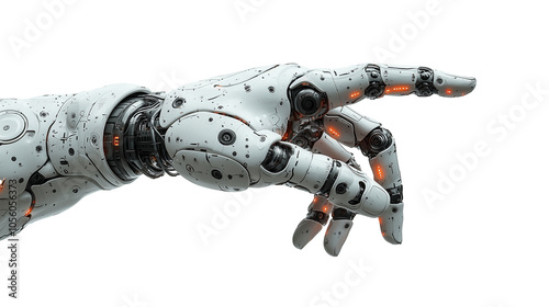 Hand of a robot or cyborg pointing, isolated on transparent background. PNG
