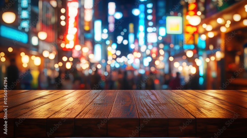 A blurred city street scene with a wooden table in the foreground, suggesting a vibrant nightlife.