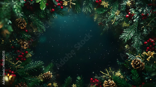 Christmas frame of spruce, red christmas decorations and lights on blue background. Copy space. Winter holidays, New Year.